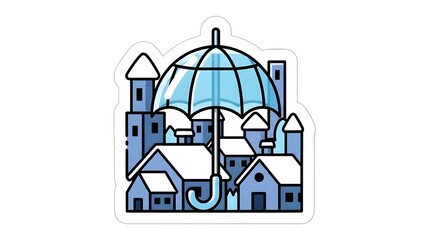 Conceptual illustration of comprehensive home and community protection featuring a large transparent blue umbrella shielding a cluster of stylized blue buildings and houses