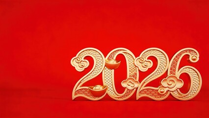 3D Golden 2026 Numbers with Traditional Chinese Motifs