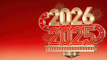 3D 2025 and 2026 New Year Transition in Red and Gold