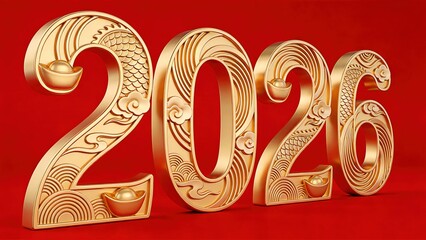 3D Golden 2026 Numbers with Traditional Chinese Motifs
