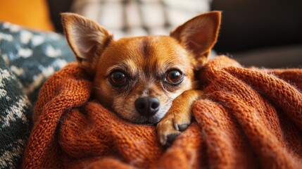 A dog snuggling up with a blanket on a couch