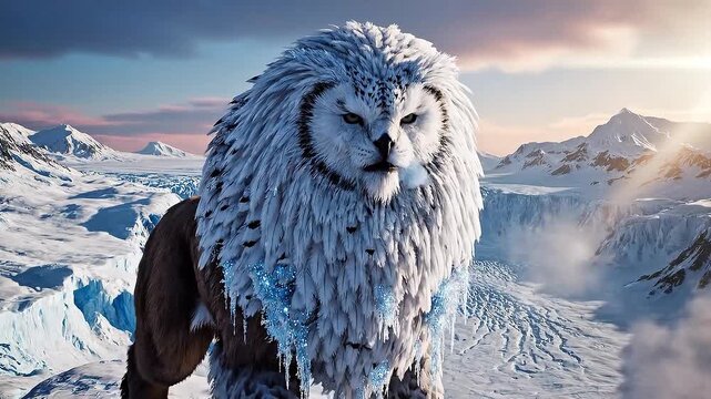 Majestic Ice Griffin Beast on Snowy Glacier Peak Arctic Fantasy Scene