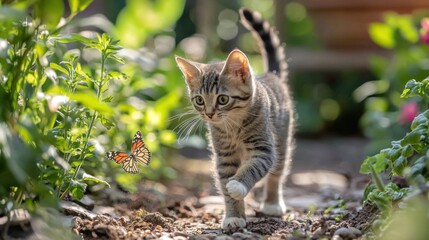 A kitten chasing a butterfly outside in the garden