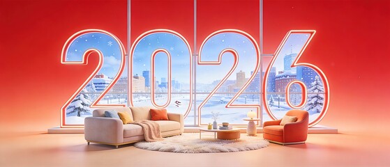 2026 New Year Modern Interior and Winter Cityscape Concept