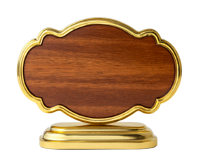 Empty vintage wooden award plaque with a shiny gold frame and stand features an ornate, classic shape and rich wood grain texture for recognition or commemoration