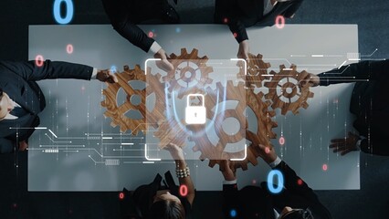 A group of professionals collaborates over interlocking gears, representing teamwork and strategic planning in a secure digital environment focused on innovation. Raster