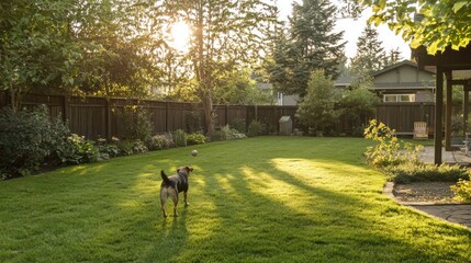 A dog fetching a ball in a large backyard