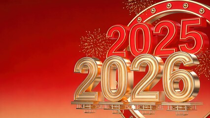 3D 2025 and 2026 New Year Transition in Red and Gold