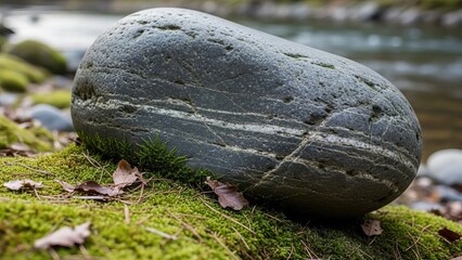 Obraz premium Smooth, striped river stone rests on mossy bank beside flowing water