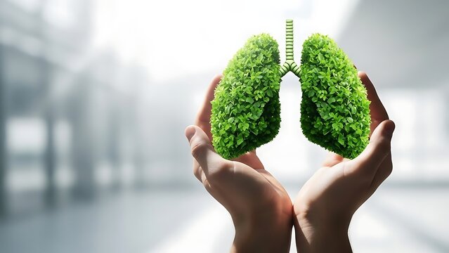 Human hands gently holding green lungs made of leaves, representing clean air and health.