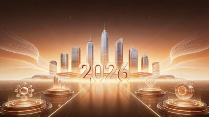 Golden 2026 New Year City Skyline and Future Technology Background