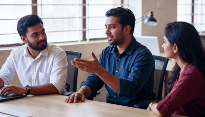 Indian startup team brainstorming in modern office