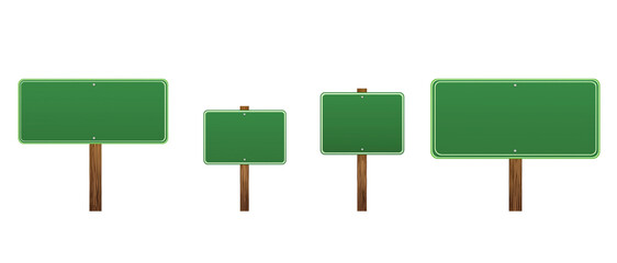Four Blank Green Road Signs on Wooden Posts traffic isolated on a transparent background