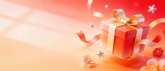 Floating 3D Gift Box with Ribbons and Stars