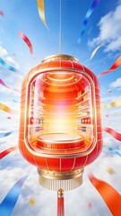 3D Red Lantern Display Podium in Floating Sky for Lunar New Year