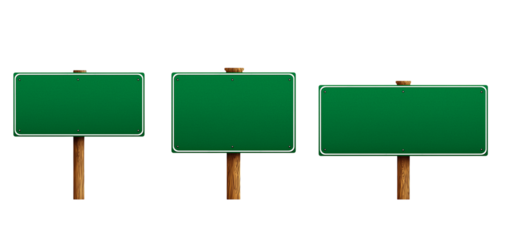 Three Blank Green Road Signs on Wooden Posts traffic isolated on a transparent background