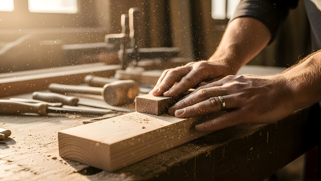 Closeup of a mans hands working with wood in a workshop with tools and equipment