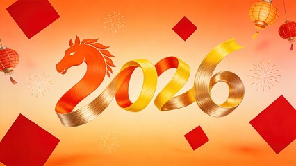 2026 Year of the Horse Abstract Ribbon Typography Background