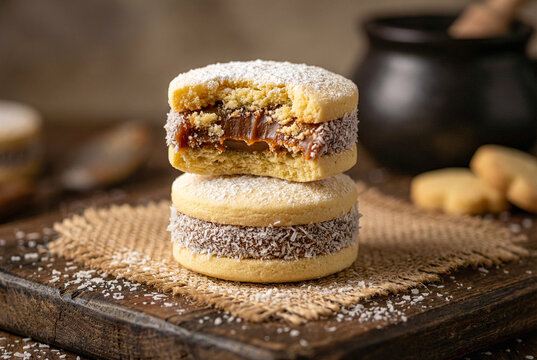 Bitten traditional cornstarch alfajor filled with dulce de leche stacked on rustic wood