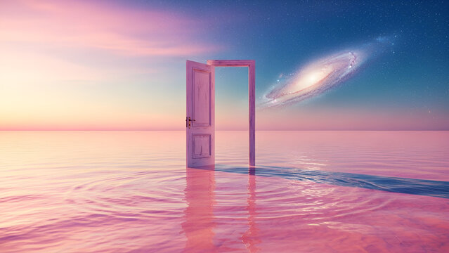 Surreal open doorway standing amidst calm pink water leading toward a vibrant celestial landscape featuring a distant glowing spiral galaxy at twilight