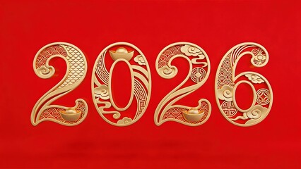 3D Golden 2026 Numbers with Traditional Chinese Motifs