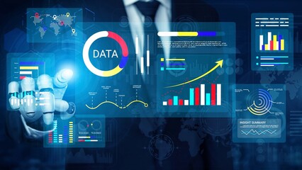 Futuristic Businessman Interacting with Data Visualization Tools and Graphical Representations of Statistics and Analytics in a Corporate Environment Gluon.