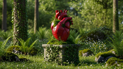 A vibrant red sculpture standing amidst lush greenery in a serene forest setting with moss covered pedestal and surrounded by ferns and trees