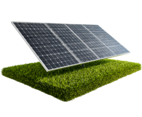 Large ground-mounted solar panel system installed on a vibrant green grass patch, symbolizing sustainable technology and clean renewable energy production for an eco-friendly future