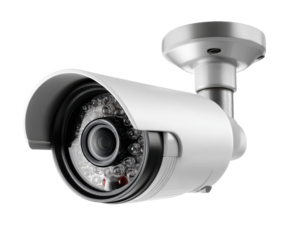 Modern white outdoor security surveillance camera with infrared LEDs for night vision is shown from a low angle perspective, emphasizing its technological design and monitoring capabilities
