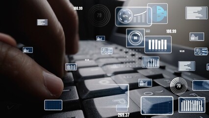 A close-up view of a hand typing on a keyboard with dynamic data visualization elements and user interface icons, illustrating contemporary digital interaction and analysis. Xenic