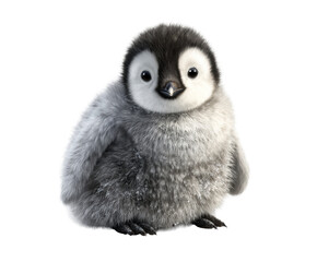 Fluffy baby emperor penguin chick with soft grey downy feathers sits looking forward with big adorable eyes in a charming full-length studio portrait