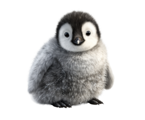 Fluffy baby emperor penguin chick with soft grey downy feathers sits looking forward with big adorable eyes in a charming full-length studio portrait