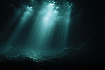 Ethereal rays of light pierce the dark ocean depths, illuminating turbulent waters