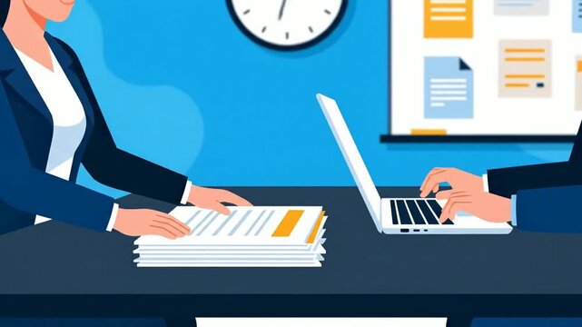 Professional business meeting illustration depicting two individuals collaborating, reviewing documents, and working on a laptop in an office setting, ideal for business concepts