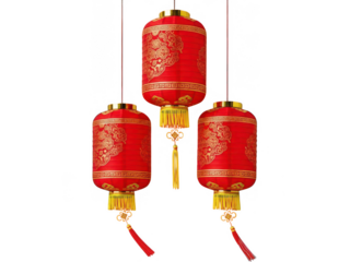 Three red chinese lanterns hanging isolated on transparent background