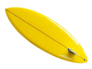 Bright yellow single fin surfboard with a glossy finish and wooden stringer is shown from a diagonal overhead perspective, highlighting its classic retro design and shape