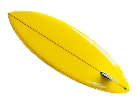 Bright yellow single fin surfboard with a glossy finish and wooden stringer is shown from a diagonal overhead perspective, highlighting its classic retro design and shape