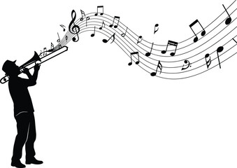 Silhouette trombone player performing jazz music with flowing musical notes, creative concert concept illustration on white background © Asha Moni