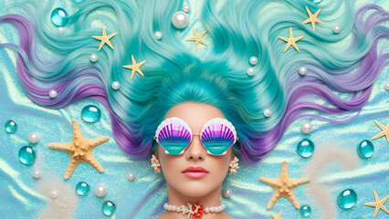 Vibrant mermaid aesthetic featuring a woman with flowing turquoise and purple ombre hair wearing unique seashell shaped sunglasses surrounded by ocean treasures