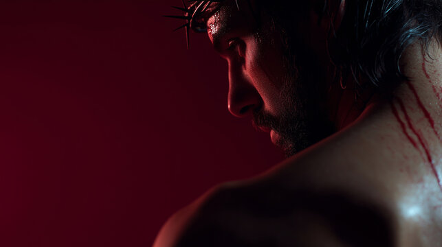 Dramatic red background portrait inspired by the flagellation of christ showing blood sacrifice suffering and holy week religious symbolism. 