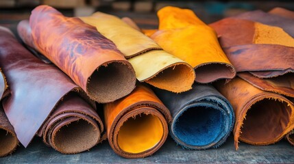 Stacks of colorful rolls of tanned pliable leather hide material cut into strips for crafting and projects