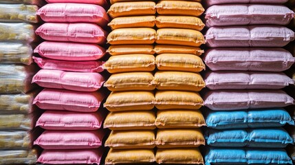 Stacks of compact energy bars and pouches in pink yellow and blue colors suggesting emergency rations and food supply