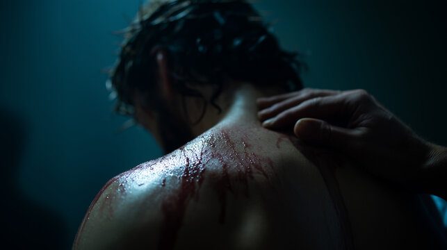 Jesus wounded back with blood sweat and human hand touching his shoulder during the flagellation in dark blue light.
