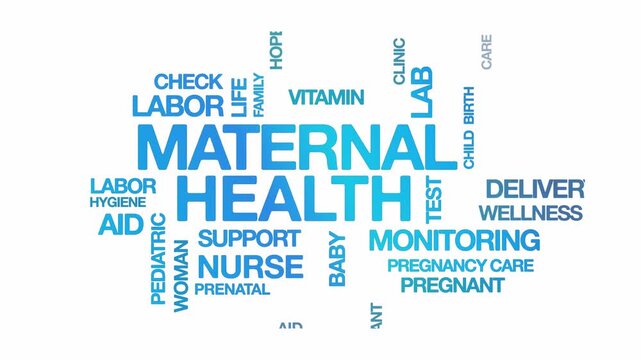 Maternal Health concept Animated Tag Word Cloud kinetic typography, Text Design Animation typography seamless loop video motion graphics Intro, Word Art effects blue type on white backdrop bg