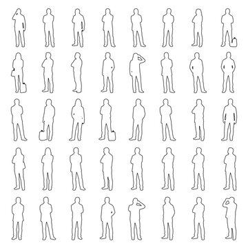 Set of 40 outline standing people in calm, neutral poses. Includes relaxed postures, hands in pockets, crossed arms and casual standing positions. Perfect for architectural plans