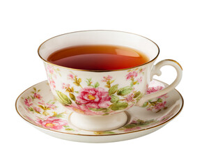 Fototapeta premium Elegant vintage porcelain teacup and saucer with a delicate pink floral pattern and gold trim is filled with freshly brewed hot black tea