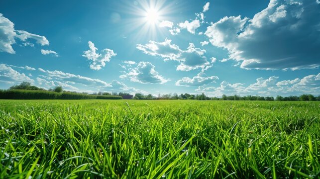 Fresh Spring Grass Field Under Blue Sky With Wide Copy Space