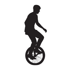 Obraz premium Unicyclist Silhouette Man Riding Unicycle Skillful Rider Performing Balance Act Isolated Black and White Vector Graphic Stunt Cyclist Acrobat