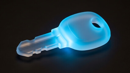 Glowing blue digital key on dark background representing future technology, security, and smart access solutions