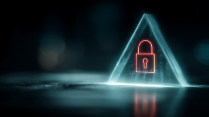 A glowing padlock icon inside a transparent digital shield representing data security protection and access control.
